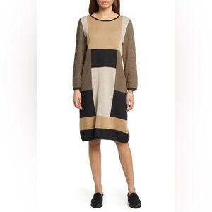 Anne Klein Long Sleeve Geometric Dress - Black, Cream, Tan